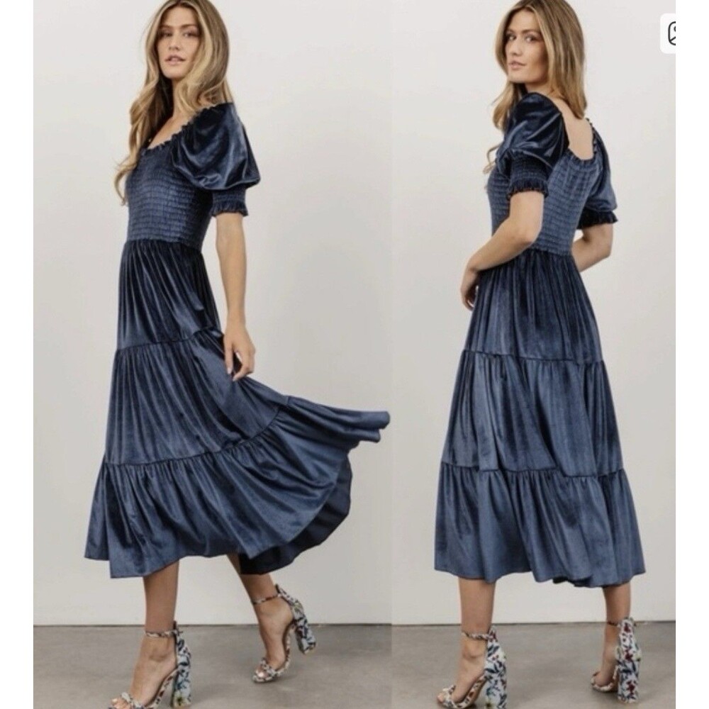 Baltic Born Vivaldi Smocked Velvet Blue Midi‎ Dress M Boho Feminine Cottagecore